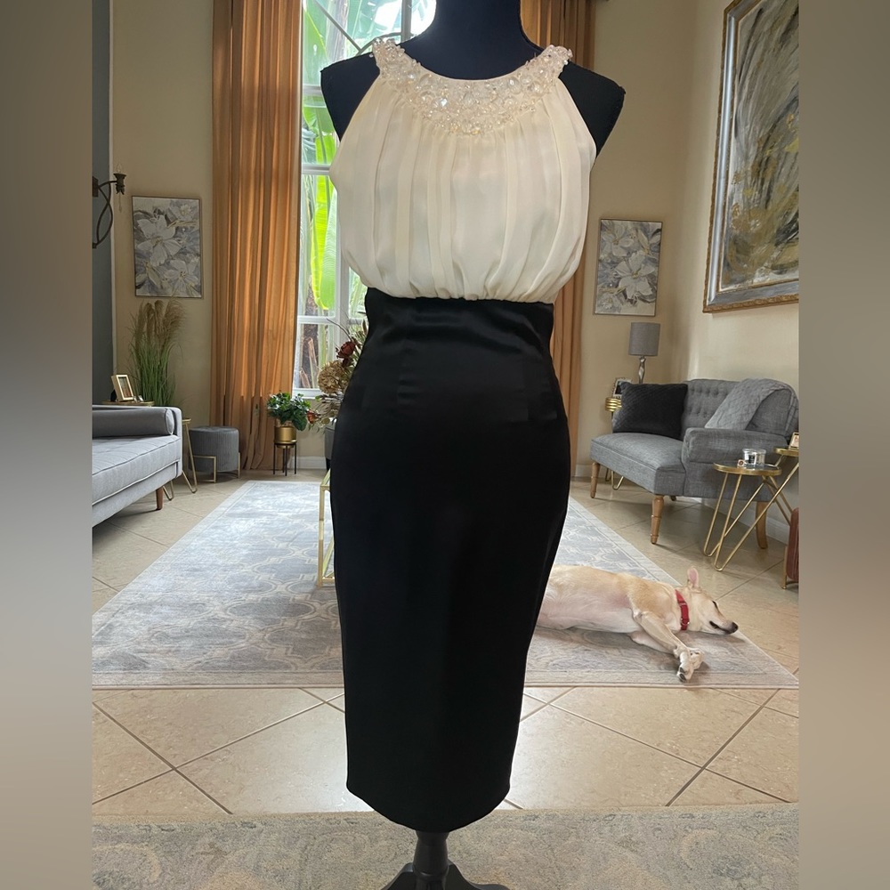 Cocktail dress black and white top petite
